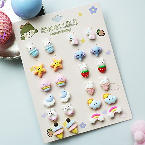 Spiritlele 12 Pairs Bunny Cartoon Magnetic Earrings Set Resin Clip on Non Piercing Fake Earrings for Women4