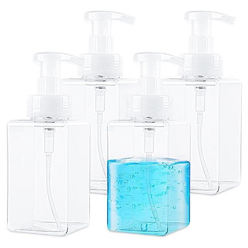 Image of Foaming Soap Dispenser 15oz/450ml Clear Empty Foam Soap Dispenser, Square Refillable Plastic Foaming Hand Soap Dispenser Soap Pump for Liquid Soap, Shampoo, Body Wash(4 Pack)