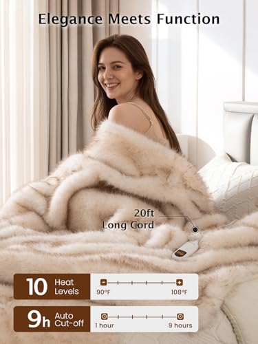 Image of Bearhug Heated Blanket Twin Size, 62 inchx84 inch Luxury Tuscan Faux Fur Electric Blanket with 10 Heat Levels & 9H Auto Off, 450GSM Ultra Soft Shaggy High-Pile Heated Bed Warmer, ETL Certified, Gift Box