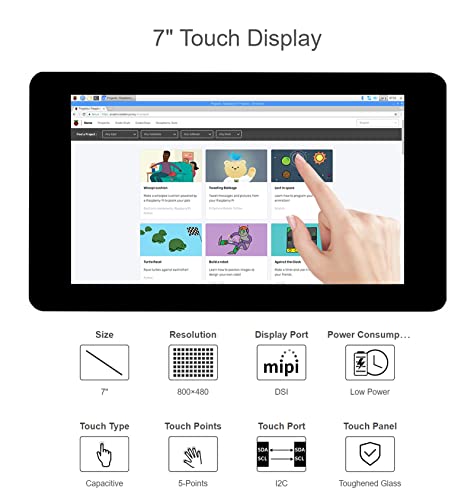 Image of Waveshare 7 Inch DSI LCD Touch Screen 800x480 Monitor for Raspberry Pi 4B /3B+ /3A+ /3B /2B /B+ /A+, Capacitive TFT Display Module Tempered Glass, Up to 5 Touch Points, Adjustable Brightness