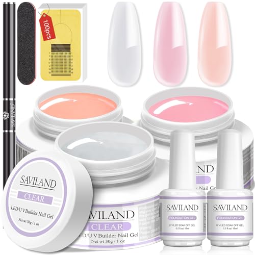 SAVILAND Builder Gel Nail Kit: Strengthener Soak Off U V 3 Colors Clear Nudes Pink Nails Extension Gel Set with 100Pcs Nail Forms & Brush for Nails Art Manicure Home Salon DIY