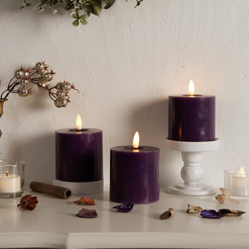 Image of Purple 3 inch Pillar Candles Set of 3 with Timer - Purple Flameless Candle Battery Operated Room Decor for Party, Birthday, Wedding, Halloween, Meditation, Prayer, Spiritual,