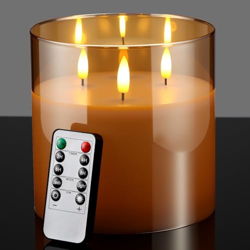 Image of Retisee 6'' x 6'' Extra Large Flameless Candles, 3 Wick Glass Large Fall Candles with Remote Control and Timer Function, Real Wax LED Pillar Flickering for Autumn Party Decor(Classic,Gold,1 Pcs)