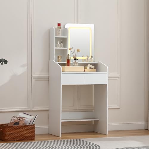 FOREST GRAVITY Small Makeup Vanity Desk Pequeño Tocador de Maquillaje con Espejo y Luces,2 Cajones,Tocador,3 Modos Ajustables de Luminosidad de Color,para Dormitorio,Blanco（0151）