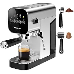 Aigostar 20Bar Espresso Coffee Machine for Capsule & Ground Coffee, Cappuccino & Latte Maker with Milk Frother Wand, Stainless Steel Professional Espresso Maker, Touch Panel, Removable Tank - Barista