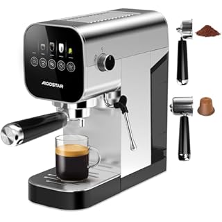 Aigostar 20Bar Espresso Coffee Machine for Capsule & Ground Coffee, Cappuccino & Latte Maker with Milk Frother Wand, Stainless Steel Professional Espresso Maker, Touch Panel, Removable Tank - Barista