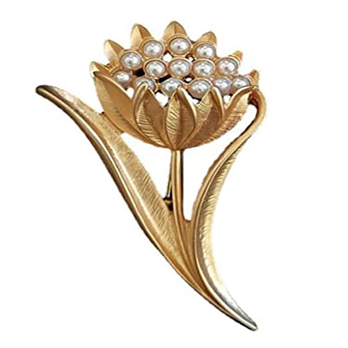 Broche tulipe en or mat et perles rétro accessoire de joaillerie raffiné