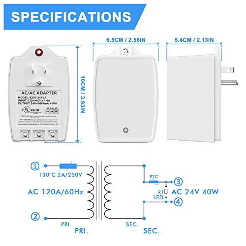 24Vac 40 Va Doorbell Transformer/Thermostat Transformer, Ac Plug In Transformer Adapter With Ptc Fuse Compatible With Most Doorbell And Thermostat, Ul Listed #TOP3