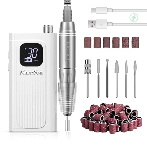 MelodySusie Ponceuse pour Ongles Professionnel Sans Fil 30000 tr/min, SC300F Lime a Ongle Electrique Rechargeable Vitesse Réglable avec LCD écran, Set Manucure Pedicure pour Salon/Maison (blanc)