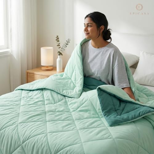 Image of Epicasa Reversible Comforter | 200 GSM Thermal Bonded Fill | 110 GSM Micro Peach Fabric | All Season AC Quilt | Diamond Quilted | Lightweight Duvet Blanket for Home Bedroom | Green & Mint