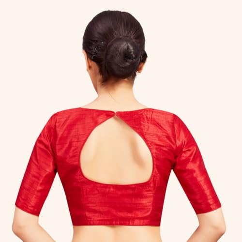 Image of Studio Shringaar Women Readymade Raw Silk V Neck Saree Half Sleeve Blouse