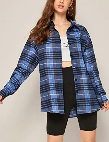 Image of HangNiFang Womens Flannel Plaid Shirts Oversized Button Shirts Blouse Tops