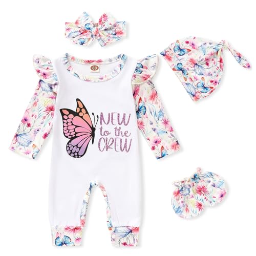 Image of GRNSHTS Newborn Baby Girl Romper Infant Letter Print Jumpsuit Floral Bodysuit+Hat+Headband+Gloves Coming Home Clothes Outfits
