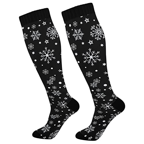 Kigai Knee High Socks Christmas Black Snowflake Compression Sock 1 Pair Casual Athletic Tube Socks for Soccer Women Men Medical Nurse Warm Stockings, 20-30mmHg