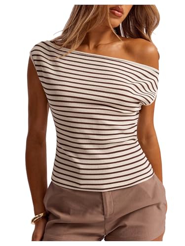 SOLY HUX Women's Striped Off The Shoulder Tops Summer Sleeveless Fitted Going Out T Shirts Brown Striped Medium