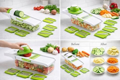 Image of 6 in 1 Multipurpose Chopper, Fruits & Vegetable Cutters, Grater Peeler Chipser, Unbreakable Food Grade Body, Easy Push to Clean Button Slicer Dicer, Chopper for Kitchen (Green, Plastic)