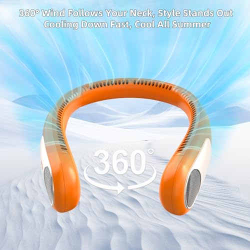 Image of Portable Neck Fan, Personal Wearable Bladeless Fan for Outdoor Indoor, LED Display, 360 Cooling, 4-Speeds, 6000mAh USB Rechargeable, Birthday Gifts for Men Women Dad Mom (Orange)