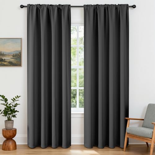 CUCRAF Blackout Curtains 84 inches Long 2 Panels Set for Bedroom Dark Grey Rod Pocket Room Darkening Curtain for Living Room Thermal Insulated Window Drapes (W 52 x L 84 Inch)