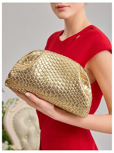 Image of QWINEE Women's Woven Evening Bag Dumpling Clutch Purse No Strap Handbags Elegant Faux PU Leather Clutch Bag