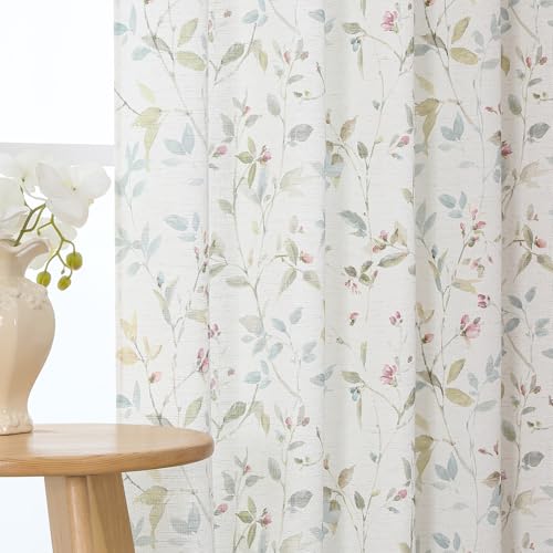 Chyhomenyc Roman Linen Blend Curtains 45 Inch Length 2 Panels Light Filtering Soft Airy Leaf Floral Printed Rod Pocket Textured Window Treatment Drapes for Living Room Bedroom 38Wx45L Inch 2 PCS