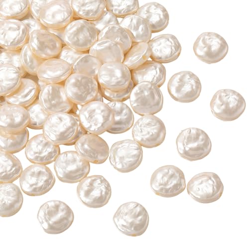 PONABEADIY 1 Box 100PCS 14.5MM Coin Shaped Flat Round Pearls Beads with Holes Beige Plastic Baroque Summer Irregular Spacer Loose Pearl Bead for Jewelry Making Earrings Necklaces Bracelets DIY Craft
