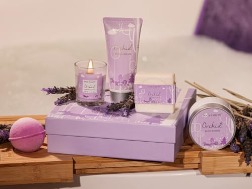BODY & EARTH Birthday Gift for Women - 5-Piece Orchid Fragrance Gifts with Scented Candle, Body Butter, Hand Cream, Bath Bomb, Gift Box, Wellness Set for Girlfriend, Mum, Mother's Day Gift