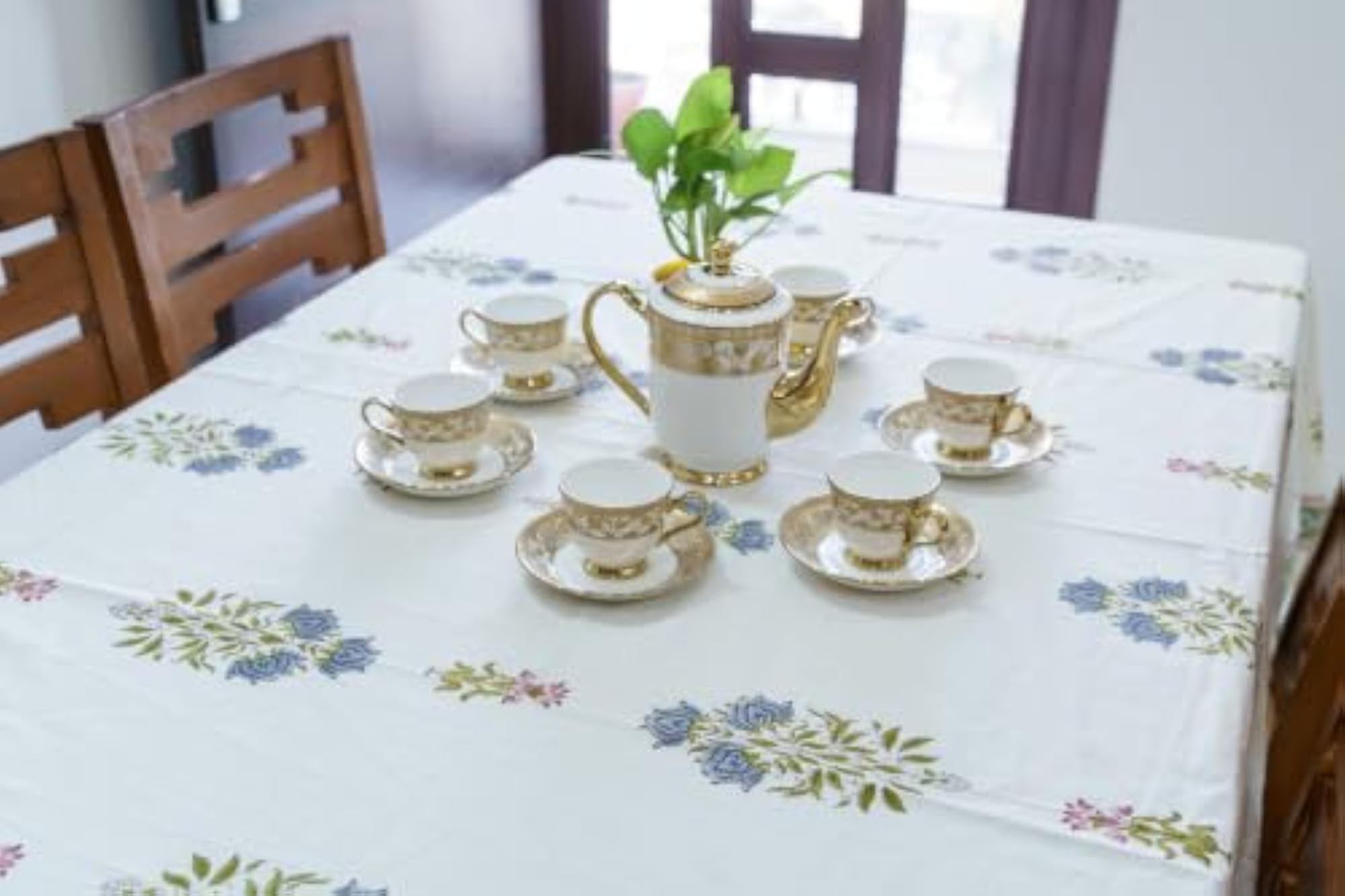 Floral Block Print White Cotton Tablecloth for Dining Table