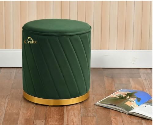 Image of Luxury Velvet Ottoman Stool for Living Room & Bedroom | Premium Round Pouffe with Gold Metal Base | Modern Footrest, Extra Seating & Home Decor (Green)