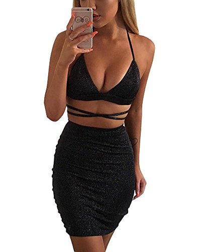 Minetom Mujer Atractivo Camisa Blusa Cuello en V Sin Mangas Crop Top + Falda Dos Piezas Conjuntos Club Fiestas Lentejuelas Bodycon Vestido Negro ES 34