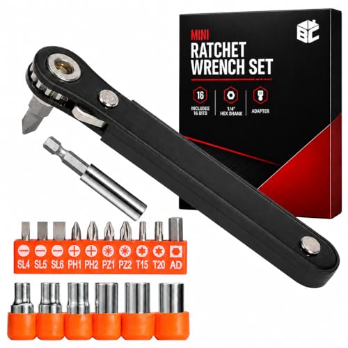 Image of Bates- Low Profile Right Angle Screwdriver with Drill Bits Set, 18 pcs, 1 /4 inch Mini Ratchet Screwdriver with Adapter, Phillips, Slotted, Torx, Pozidriv Bits for Tight Spaces