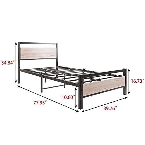 Bofeng Metal Bed Frame Twin Size With Vintage Wood Headboard And Footboard,Heavy Duty Metal Platform Bed Frames No Box Spring Needed,Mattress Foundation Firm Steel Slat Support(Natural Oak) #TOP1