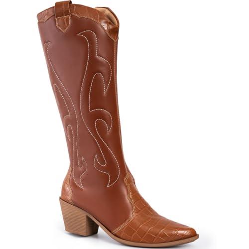 Bota Feminina Texana Bordada Western Bico Fino Confortável caramelo35