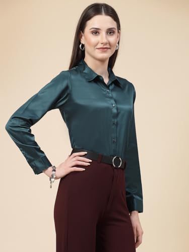 Image of Style Quotient Women Olive Satin Regular Formal Shirt