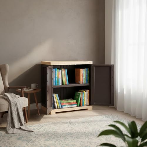Image of Cello Novelty Compact Bookshelf, Brown & Beige | 2 Dustproof Doors | Space Saving Cupboard | Plastic Book Shelf | Multipurpose Book Shelf for Home, Office | Book Organizer for Library