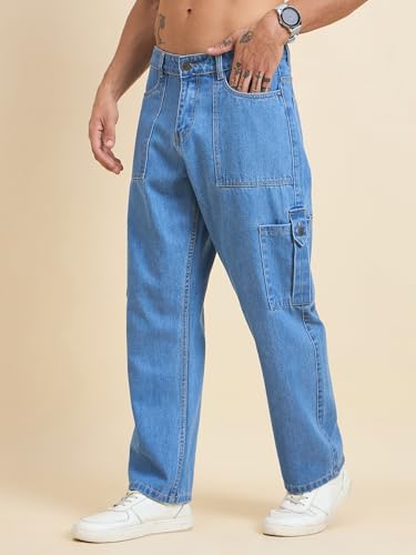Image of STUDIO NEXX Men's Baggy fit Denim Cargo Pants |Non Stretchable| Wide Leg Jeans| Cargo Jeans|Baggy Cargos for Men