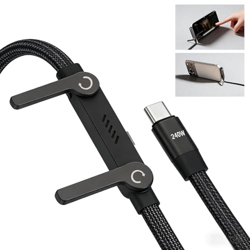 Dongcill Ladekabel mit Ständer 2-in-1-Ladekabel mit Unsichtbarer Halterung 240 Watt Stand Ladekabel 1.5 m Seitliches LadekabelL mit Ständer für Smartphones/Tablets