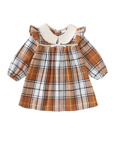 Little Girl Dress 4t 5t Girl Clothes for Kids Long Fly Sleeve Fall Cute A Line Peter Pan Collar Brown White Plaid Casual Ruffle Tartan Dresses for Kid