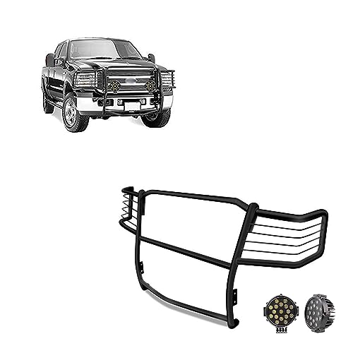 Image of Black Horse Grille Brush Bumper Guard Modular Black Come with Pair of 7.0 inch LED Lights with Black Trim Rings Compatible with 1999-2007 Ford F-250 SD|1999-2004 Ford F-350 /F-450 /F-550 SD-17FB23MA-PLB