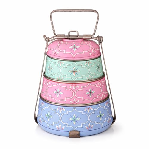 Image of iHandikart Handpainted Decorative Lunch Box Tiffin | Multiple Tier Stainless Steel Food Box | Designer Indian Print Tiffin for School | Diwali Gift, Navratri Gift (Color - Multicolor)