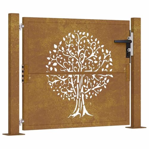 vidaXL Puerta de Jardín, Verja de Valla con Cerradura Bisagras, Puerta Decorativa, Entrada para Patio, Acero Corten Diseño Árbol 105x80 cm