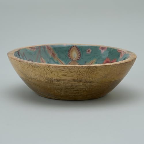 Image of SAAGA Printed Mango Wood Mixing Bowl - 8 x 2.5 Inch Large Wooden Serving Bowl | Stylish Salad, Fruit & Snack Bowl - Reverie Printed Bowl