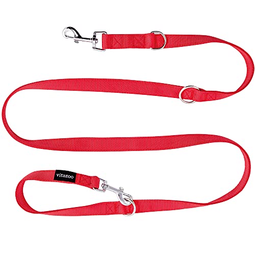Vitazoo Laisse pour Chien Rouge réglable en 3 Longueurs - Longe Qui Convient aux Chiens Larges et forts - Laisse Double d'une Longueur Totale de 2 m avec Crochet - Solide et Facile à Nettoyer Cover