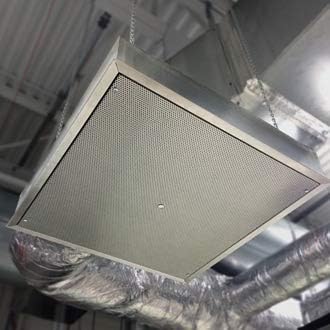 CAPTIVE-AIRE Perforated Ceiling Diffuser installed in a ceiling grid, angled view from below