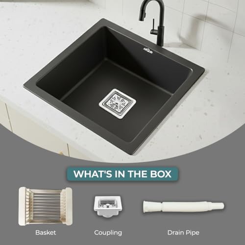 Image of ARQUIN Quartz Sink 18x16x9 Inch Black | Single Bowl Sink | Durable & Scratch-Resistant | Undermount /Topmount Including Coupling, Waste Pipe & Fruit Washing Basket