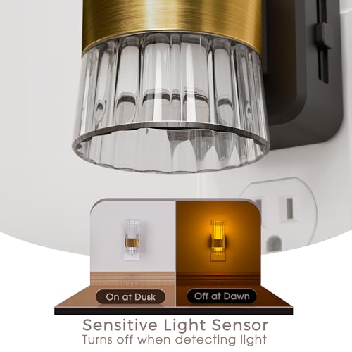 Image of Briignite LED Amber Night Light Night, Lights Plug into Wall, Dusk to Dawn | Auto Light Sensor, 0-100LM Adjustable Brightness, Wall Sconce Style Design for Bedroom Hallway, 2 Pack
