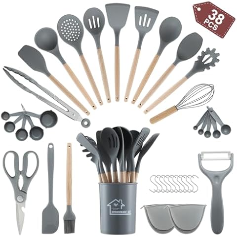 38 PCS Silicone Cooking Utensils Set, Unokit Kitchen Utensils Set, 446℉ Heat Resistant Cooking Utensils Spatula Set with Wooden Handle and Holder, Gadgets for Non-Stick Cookware, Grey Cover