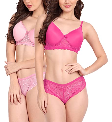 Image of FIMS - Fashion is my style Women Cotton Floral Lace Padded, Non-Wired, Full Coverage, Seamless Bra Panty Set, Multicolor, Lingerie Set