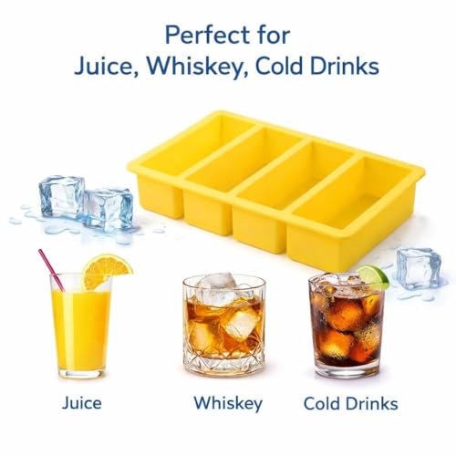 Image of Ice Trays for Freezer Bpa Free 4 Big Rectangle Ice Cube Mold Giant Jumbo Large Food Grade Ice Cube Tray Mold DIY Ice Maker Ice Cube Tray,1 Pcs for Cocktail & Bourbon - (Yellow, Standard, Rectangular)