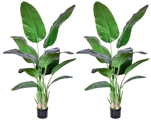 HAIHONG 2Packs 5FT Artificial Bird of Paradise Plant,Faux Palm Tree Potted Plant with Real Touch Leaves,Fake Trees for Home Living Room Office Indoor Outdoor Decor(5 FT-2Packs)