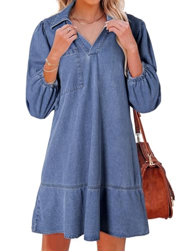 Dokotoo Womens Denim Dresses Casual Spring Long Sleeve Mini Jean Dress Loose Fit V Neck Babydoll Summer Dresses for Women 2026 with Chest Pocket Ashleigh Blue Medium